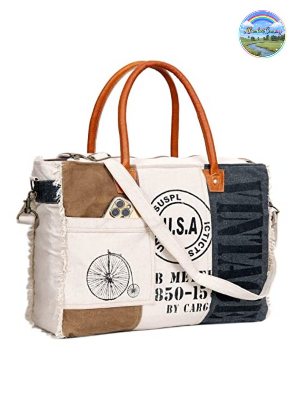 Vintage Patchwork Canvas Leather Tote Bag Handmade Travel Work Bag